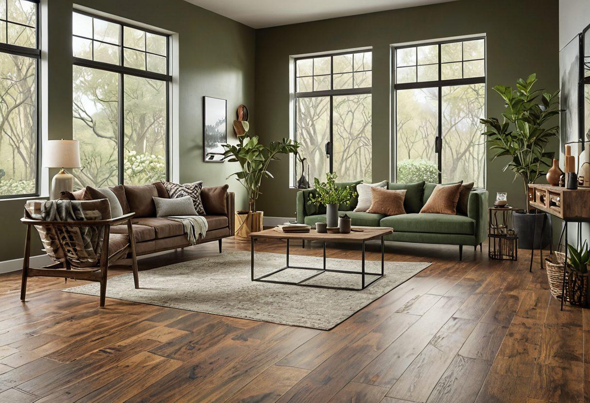A cozy interior scene showcasing various styles of Mohawk flooring, blending rustic wood textures with modern designs. Include vibrant plants and eco-friendly decor, emphasizing sustainability. Highlight cozy spaces like a living room and dining area with natural light streaming in. Visualize the affordability with price tags or signs subtly integrated. super-realistic. warm earth tones. bright inviting atmosphere.