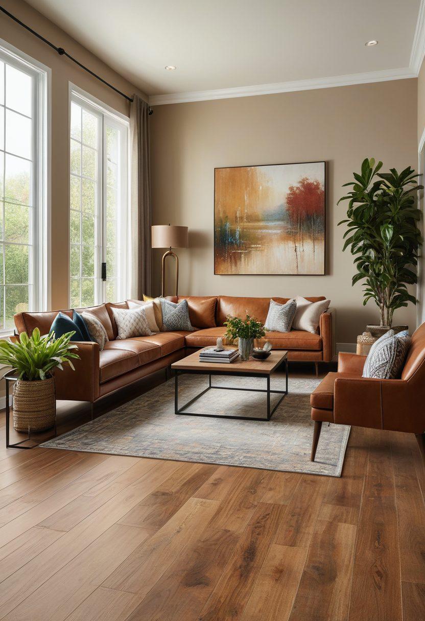 A beautifully designed living room showcasing Mohawk flooring in warm wooden tones, with a cozy rug and stylish furniture that highlights the flooring's texture. Natural light filters through large windows, casting soft shadows and creating a welcoming atmosphere. Potted plants add a touch of greenery, enhancing the space's vibrancy. The overall mood is inviting and elegant, perfect for inspiring home transformation. super-realistic. vibrant colors. bright atmosphere.